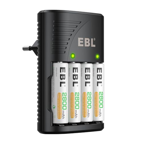 EBL Chargeur de Piles AA AAA 9V Universel, avec 4PCS Piles AA Rechargeables Ni-MH, Chargeur de Piles AC Direct pour AA/AAA/9V Piles Rechargeables,100-240V Tension Mondiale