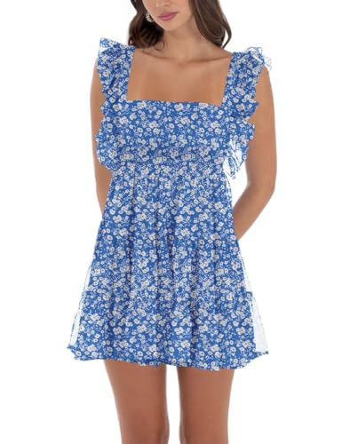 Image of Women's Summer Square Neck Tie Back Ruffle Sleeve Tiered Casual A-Line Short Mini Dress