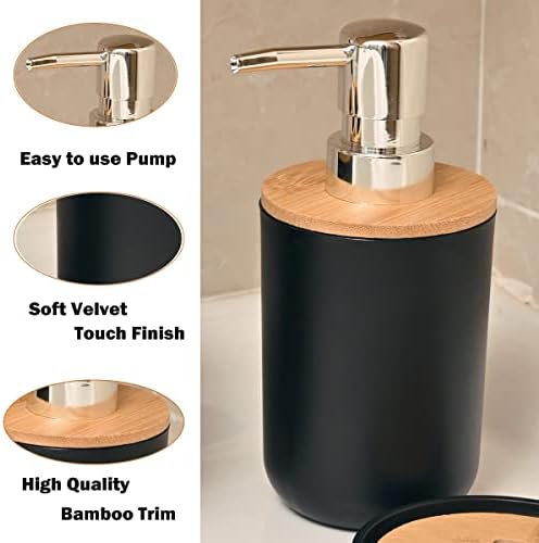 Yorkmills Bamboo Bathroom Accessories, 6 Pieces Black Bathroom Accessory set, Bathroom Bin Toilet Brush Set, Durable Toothbrush Holder Cup, Soap Dispenser With Pump, Soap Dish Holder, Modern Trash Can
