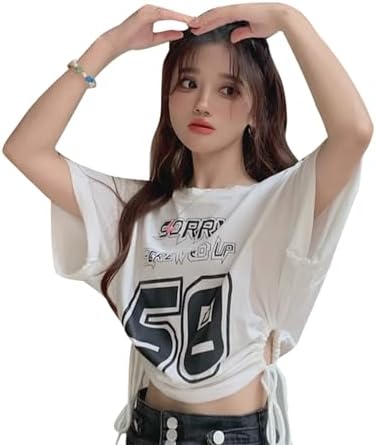 OIUYUE Women's T-Shirt, Loose Fit, Short, Lace-Up, Short Sleeve, Top, Crop Top, English Print, Korean Style, Crop Top, Cut-Sew, Cute, Dancewear, Openwork, Spring, Summer, Fall