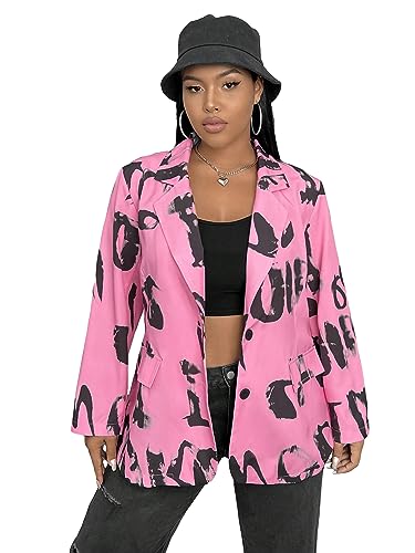 WDIRARA Women's Letter Graphic Printed Long Sleeve Plus Size Casual Blazer Jackets with Flap Pockets