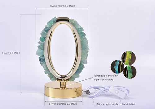 Image of AMOYSTONE Natural Crystal USB Led Lamp Green Fluorite Night Light Elliptical Table Lamp Tri-Color Rock Crystal Lamp for Bedroom Table Living Room