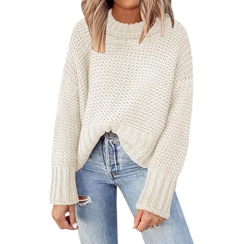 DEEP SELF Women's Trendy Fall Pullover Sweater Crewneck Oversized Knitted Batwing Long Sleeve Solid Chunky Sweater Tops Beige Cover