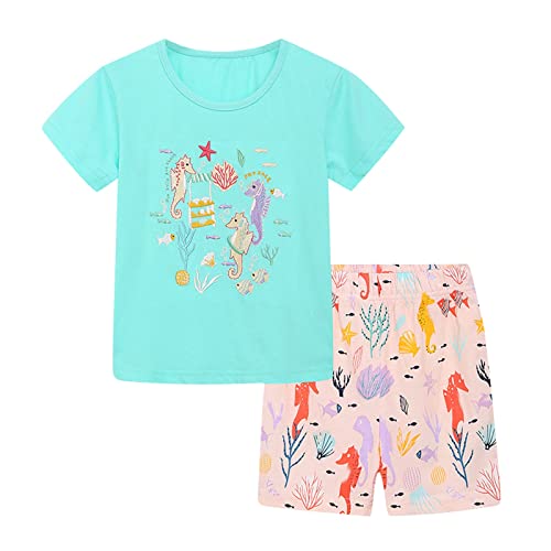 Beziun Conjunto de roupas infantis manga curta tricotado algodão cor padrão verão meninas terno dese