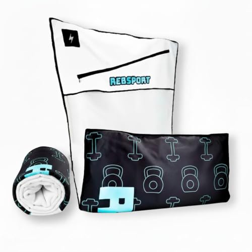 Rebsport Asciugamano Palestra Uomo con Tasca Porta Oggetti e Magnete, Asciugamano Donna Fitness per Panca Palestra + Asciugamano Doccia in Omaggio utilizzabile come Telo Doccia o Telo Mare