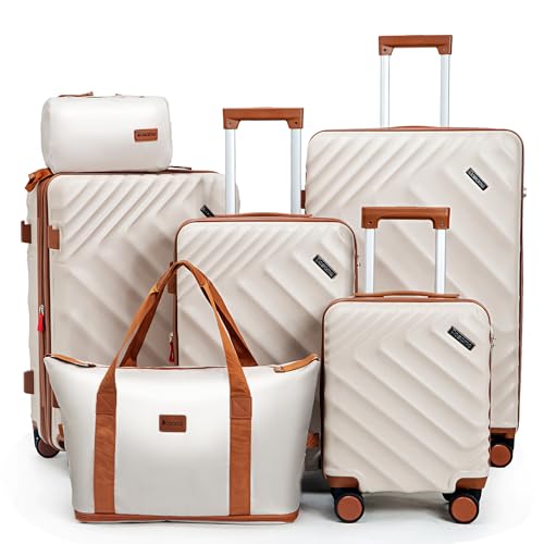 Image of 6 piece Luggage Set Expandable Suitcase 22x14x9 Airline Approved Carry on, ABS Hard Case Suitcases with Spinner Wheels, TSA Lock, (Beige)