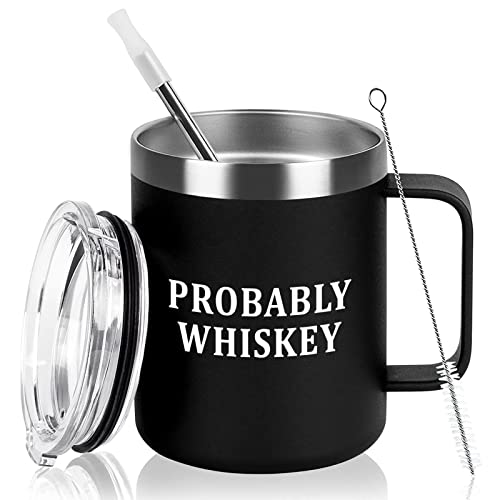 Qtencas Whiskey Gifts For Men, Probably Whiskey Travel Mug, Christmas Birthday Gift For Dad Mom Grandpa Uncle Whiskey Lover, 12 Oz Stainless Steel Insulated Coffee Mug With Handle, Black #TOP25