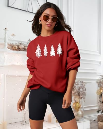 Image of PECHAR Christmas Tree Sweatshirts Women Pine Tree Print Shirts Nature Lover Gift Casual Tee Long Sleeve Xmas Pullover