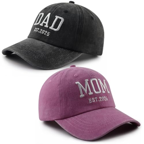 Image of 2PCS Mom and Dad EST 2025 Hat for Women Men, Funny Adjustable Cotton Embroidered New Parents Gifts Baseball Cap