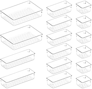 Lifewit 16 PCS Drawer Organiser Set Clear Plastic Desk Drawer Dividers Trays Dresser Storage Bins Separation Box for Makeup, Jewelries and Gadgets, Bedroom, Bathroom, Office