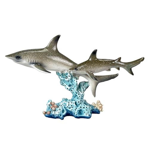 Estatua de doble tiburón sobre arrecife de coral de resina pintada a mano 10 pulgadas miniatura 1
