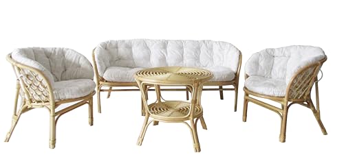 Salotto in vimini rattan naturale. Salottino da interno ed esterno 5 posti. Set da giardino composto da 1 divano cm 165x70x75 H, 2 poltrone cm 70x70x75 H, 1 tavolino rotondo coordinato cm 65x55 H