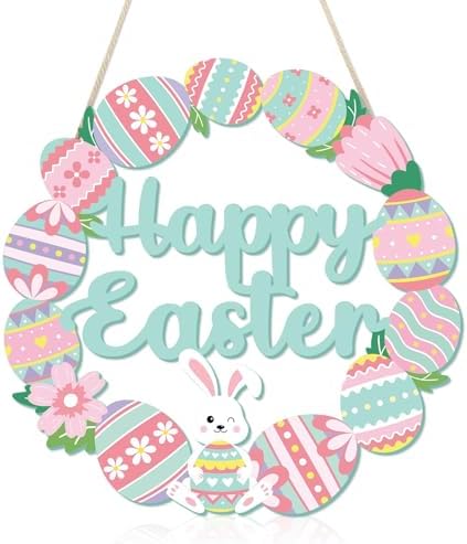 Easter Decorations Home Happy Bunny Eggs Wood Wreath Sign For Indoor ...