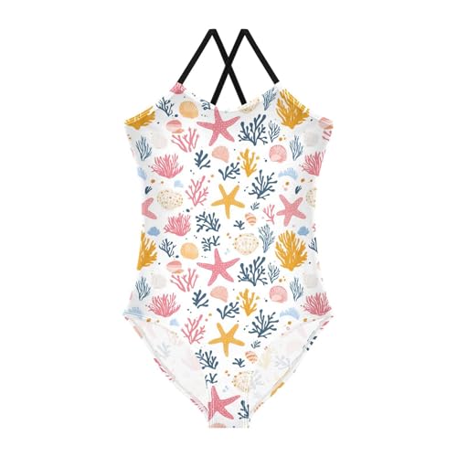 Girls Swimwear 3-10 Years One Piece Halter Swimsuit Coral Starfish Seashell Beach Bathing Suit