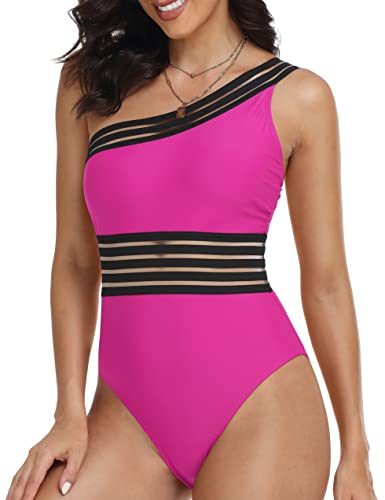 Firpearl One Shoulder Bathing Suits For Women Sexy Mesh Hollow Monokini Tummy Slimming Swimsuit Hot Pink Xl/Us14 #TOP9