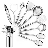 Joyfair Stainless Steel Kitchen Utensils Set, 10 Pieces Cooking Utensils Set with Holder, Kitchen Gadgets Tools with Turner, Spoons, Tongs, Ladle, Pasta Server & Potato Masher, Dishwasher Safe