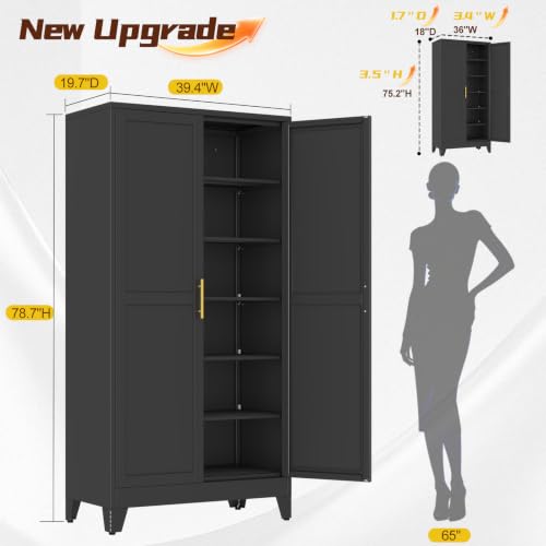 Image of PAOFIN Metal 79 inch Kitchen Pantry Cabinet, Pantry Storage Cabinet with Doors and 5 Adjustable Shelves, Freestanding Cupboard Kitchen Cabinet,Tall Cabinet for Living room,Pantry, Bathroom,Kitchen (Black)