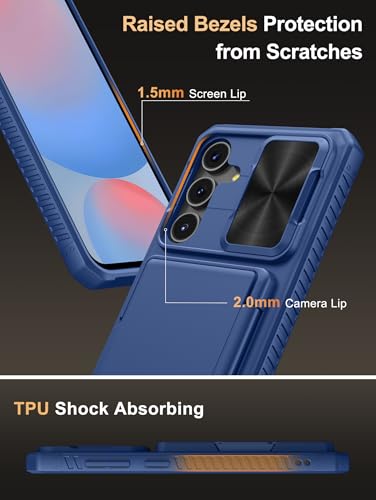 Image of Vihibii PC,Silicone For Samsung Galaxy S24 FE Wallet Back Cover With Card Holder(4 Cards)[RFID Blocking] & Slide Camera Cover & Raised Edges Protect,Shockproof Rugged Case 6.7 inch 2024,Blue