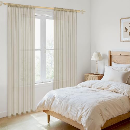 MRTREES Vorhänge Gardinen mit Store Vorhang Voile halbtransparent kurz in Leinenoptik Gardine Schals Beige Creme 150×140cm (H×B) für… – Ansicht 5
