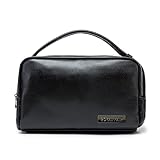 ROYALFAIR Kleine Schwarze Kulturtasche aus Leder Kulturbeutel für Damen und Herren Kosmetiktasche Reise-Kulturtasche Waschtasche im Bade