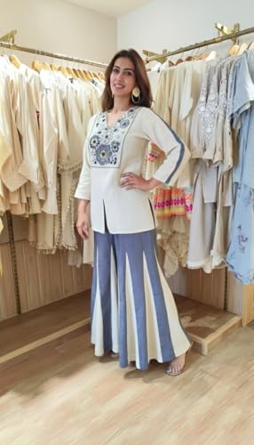 Image of ANNI Designer Women's Cotton Embroidered Co-ord Set Regular Fit Kurta Top with Palazzo Pant | Ethnic Two Piece Outfit | Casual Wear | Festive Traditional Dress for Women