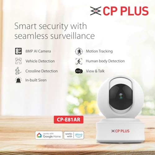 CP PLUS 8 MP Resolution Smart Wi-fi Ai CCTV Camera | 2 Way Talk | Human Body Detection & Motion Tracking Alert | Supports Vehicle & Crossline Detection Powered by Ai | Advanced Night Vision | CP-E81AR 3