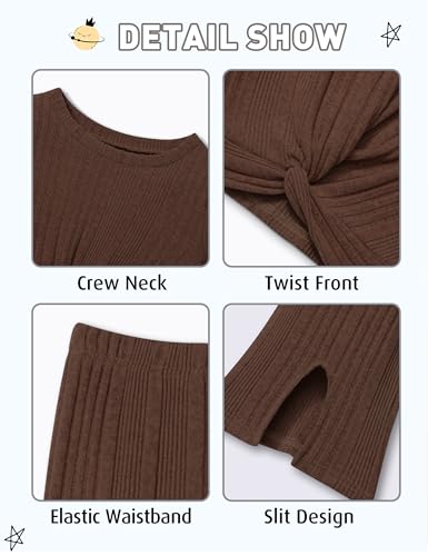 Image of CRISONE Girls 2 Piece Outfits Twist Front Puff Sleeve Tops Spilt Flared Pants Rib-Knit Sweatsuits Fall Winter Clothes Sets