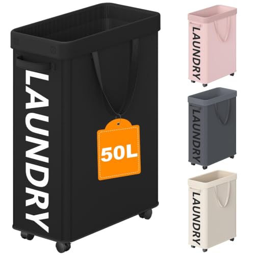 Image of Optish 50L Slim Rolling Laundry Basket with Wheels & Removable Bag, Black