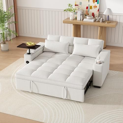 Image of Dreamzie 65'' Convertible Sleeper Sofa Bed with 90 Swivel Side Table, Chenille Pull Out Couch for Living Room, Loveseat Sleeper with Hidden Storage Space | Charging Port | Cup Holders, Beige