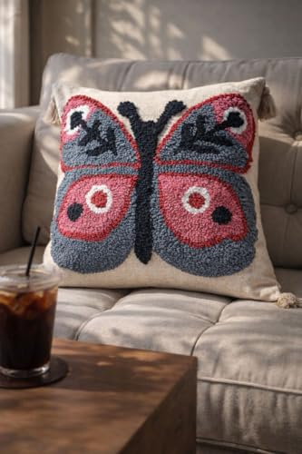 Image of Hand Tufted Cotton Cushion Cover with Butterfly Design and Tassels, Textured Throw Pillow Case for Sofa, Couch, Bed, Boho Farmhouse Home Decor, 16x16 Inch, Pack of 1