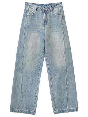 Women Loose High Waisted Split Wide Leg Denim Pants Straight Trousers