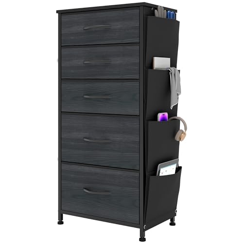 YITAHOME Comoda 5 Cajones,Cajonera de Tela con Bolsillos Laterales,Sinfonier,Robusta Estructura metálica,Cómoda con Tapa de Madera,Grano de Madera Negro