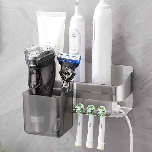 Gsocel Soporte Cepillo de Dientes Eléctrico,Porta Cepillos Dentales de Baño en Acero Inoxidable 304 Pared con 2 Ganchos,Plata