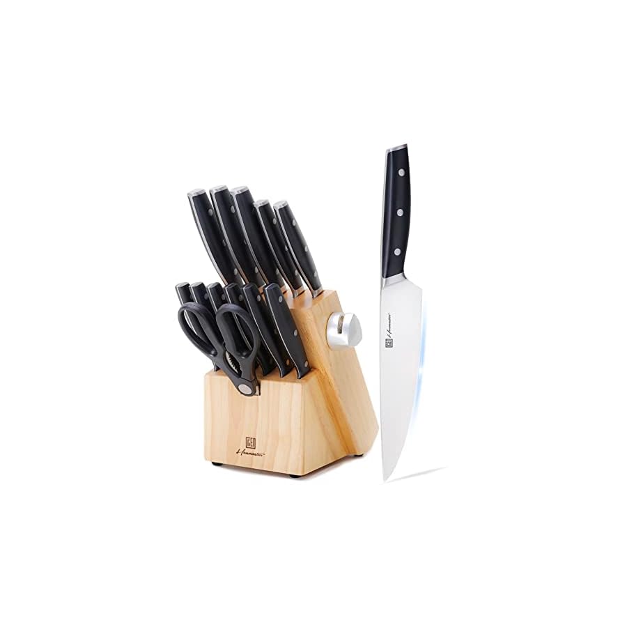 Hanmaster Knife Set, 14 Pieces German Steel Knife Sets for Kitchen with Block, Kitchen Scissors, Sharp Kitchen Knife Set for Home and Restaurants, Classic Elegant Black