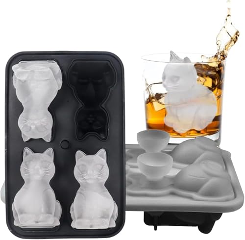 Eiswürfelform,Katze Eis Würfel Tray Form - 3D Katze Form Eis Würfel Trays,Eiswürfelbehälter Mit Deckel,4-Fach Eis Würfel Formen Für Whisky Bier Wein Kaffee