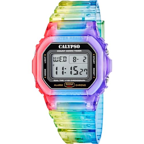 CALYPSO Reloj Digital Hombre y Mujer   Unisex de Caucho Multi   Resistente al Agua 5 ATM Fecha y Calendario, Cronógrafo, Doble Horario, Luz, Alarma, 12 y 24 Horas K5874/6   Color Splash