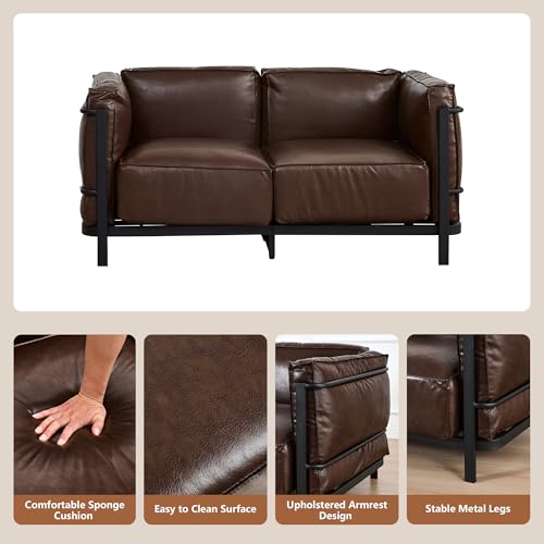 Image of 2 Piece Living Room Sofa set, Mid-Century Modern Upholstered Couch Chair Faux Leather Sofa Couch with Iron Frame and Upholstered Armrest Backrest Cushion for Living Room, Office, Apartment (Brown)