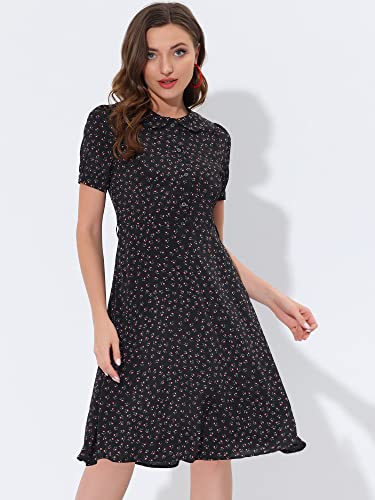 Image of Allegra K Women's Peter Pan Collar Tie Neck Short Sleeves A-Line Elegant Belted Vintage Floral Dress