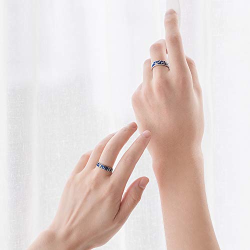 Image of Thaya 925 Sterling Silver Van Gogh's Sky Couple Rings Bright Shining River /Bee Promise Rings Blue Open Band Ring Engagement Romantic Jewelry Ring Size 5-8 Jewelry Gift for Women and Girls