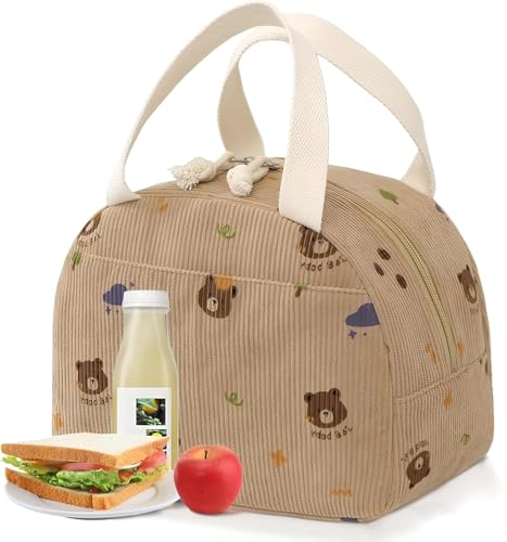 Image of SVH Reusable Insulated Lunch Tote for Women & Kids | Corduroy Large Lunch Bag with Front Storage Pocket, Durable Handles & Smooth Zipper for Office & School (Corduroy Bear Brown)