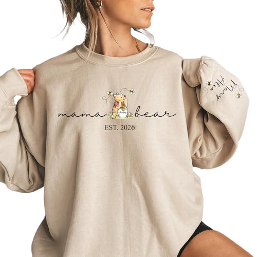 Personalized Mama Sweatshirt with Kid Name on Sleeve Custom Mama Bear Sweatshirt for Women Mothes Days Gifts for Mom for Mom Birthday