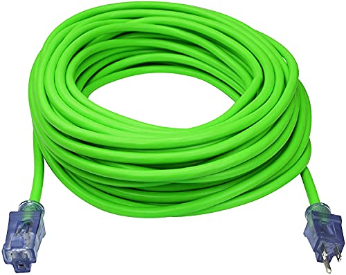 Black Friday 🔥 Clear Power 100 ft Heavy Duty Outdoor Extension Cord 12/3 SJTW with Lighted Connector, Water & Weather Resistant, Flame Retardant, Hi-Vis Green, 3 Prong Grounded Plug, DCOC-0102-DC