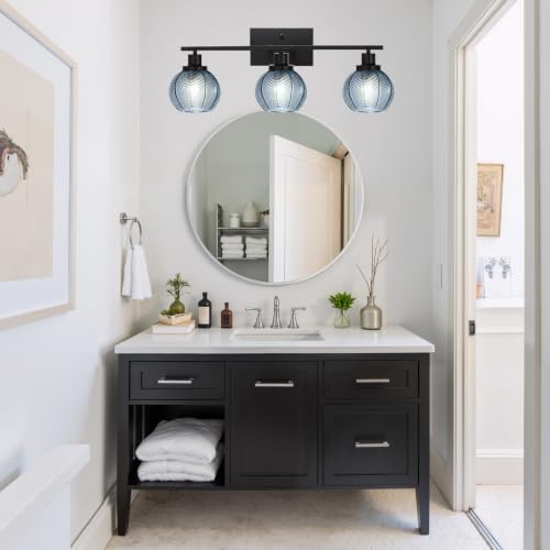 Image of Mid Century Blue Wall Sconce 3-Light Vanity Lighting Fixture | Anti-Rust Black Metal Vanity Light, Thick Ribbed Blue Textured Globe Glass, E26 Base, Wall Mount Bath Sconce for Bedroom