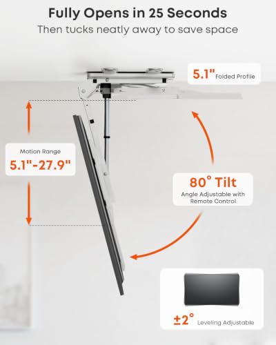 Image of Motorized Ceiling TV Mount with Remote for 37-75'' TVs, Flip Down, White | Sapcing Saving, Include VESA Extender, Fits Flat and Pitched Roof, Electric, Drop Down, Max VESA 600x400 mm, Max holds 99lbs