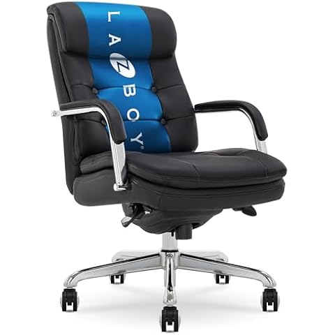 La-Z-Boy® Sonata Executive Mid-Back Office Chair, Button-Tufted Design, Double-Layer Cushion, Padded Armrests, Ergonomic Computer DeskChair, Swivel Metal Base, Bonded Leather, Black and Chrome Cover