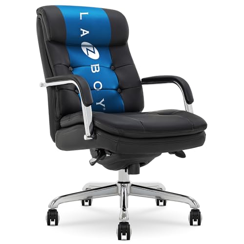 La-Z-Boy Sonata Executive Mid-Back Office Chair Button-Tufted Seat and Back Double-Layer Cushion Padded Armrests Ergonomic Computer DeskChair Swivel Metal Base Bonded Leather Black/Chrome