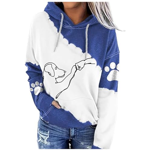 Generisch Kapuzenpullover für Damen, süßes Hundemotiv, Fauststoß-Grafik, langärmelig, Übergröße, Kapuzenpullover mit Taschen Kleider Mini (Blue, L)