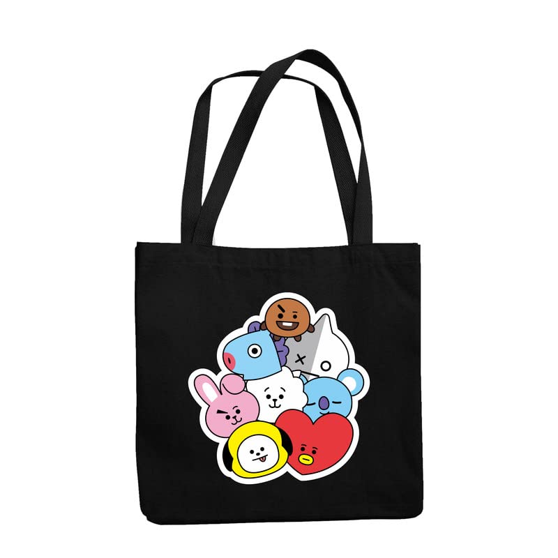 TheYaYaCafe BTS Printed Canvas Cotton Black Tote Bag With Zipper for Women and Girls
