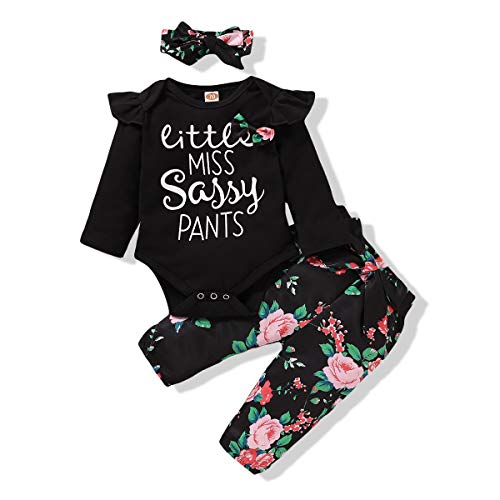 Image of NZRVAWS Newborn Baby Girl Clothes Long Sleeve Ruffle Romper Bodysuit Floral Halen Pants Bowknot Headband 3pcs