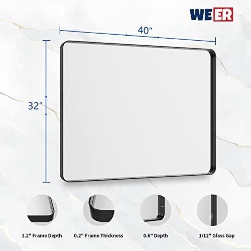 Weer Black Bathroom Mirror 40X32 Inch, Rectangular Black Metal Framed Mirror For Wall, Matte Black Vanity Mirror With Tempered Glass, Rounded Corner, Anti-Rust (Horizontal/Vertical) #TOP5